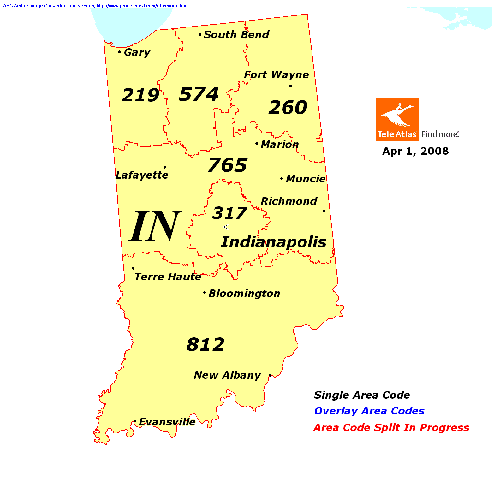 Indiana area codes map