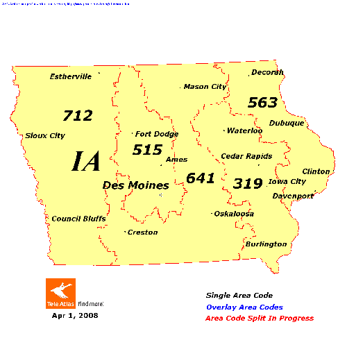 Iowa area codes map