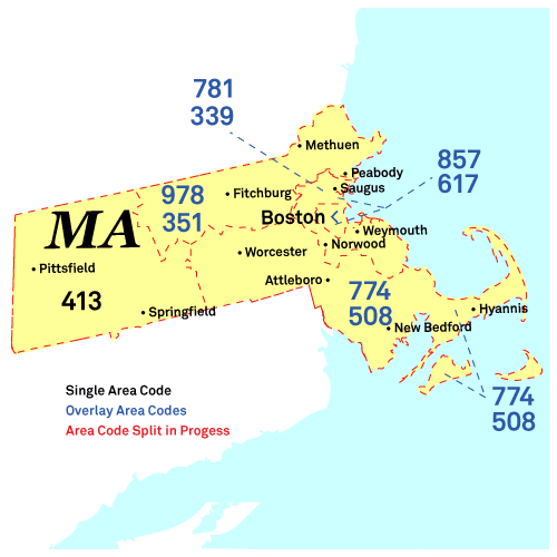 Massachusetts area codes map