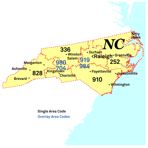 North Carolina area codes map