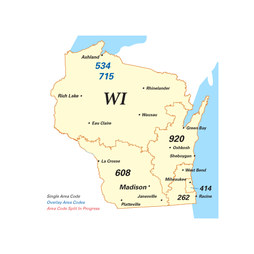 Wisconsin area codes map